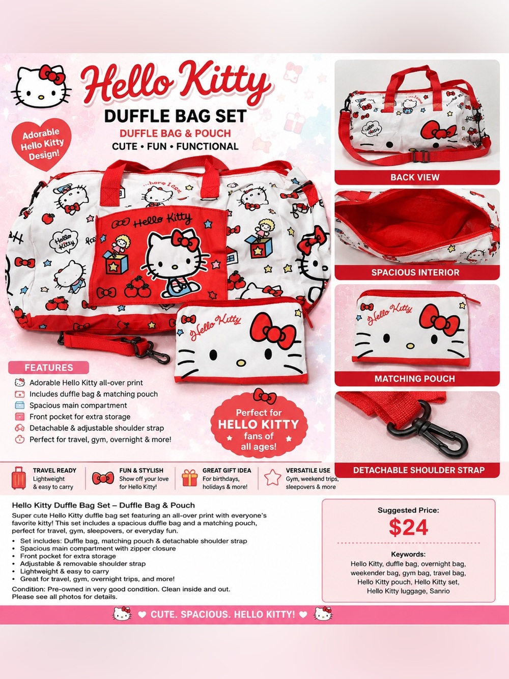 Hello Kitty Red & White Kids Duffle Bag with Matching Pouch